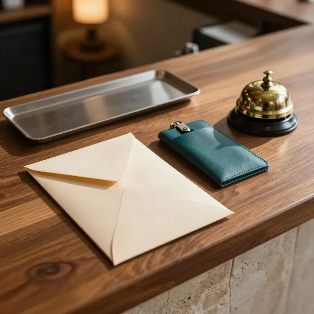 Busta di reclamo sigillata, vassoio di spedizione, porta-card hotel e campanello su banco caldo.