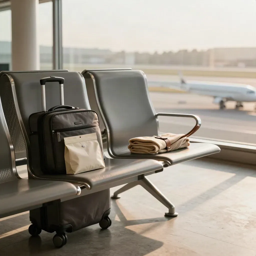 Valigia in lounge aeroportuale con finestra luminosa e busta reclamo chiusa su una panca.