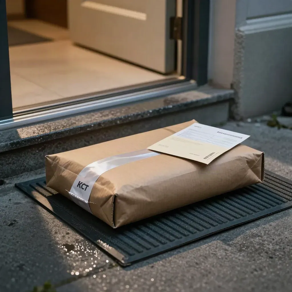 Pacco sullo zerbino con busta rimborso davanti alla porta, in luce serale.