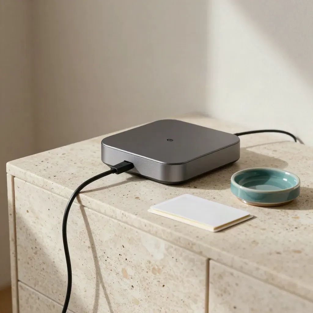 Decoder streaming con luce spenta, cavo avvolto e carda servizio chiusa su consolle in pietra