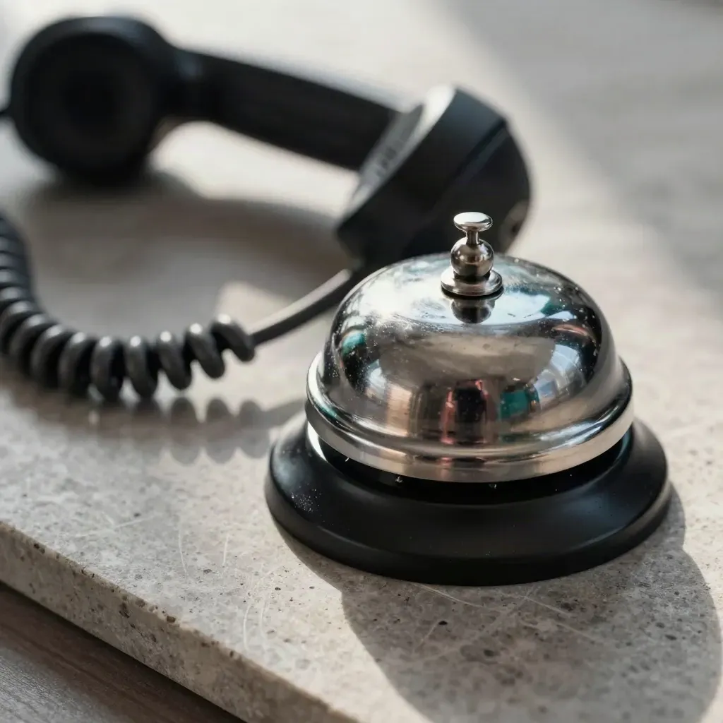 Primo piano di base telefono, cavo spiralato e campanello su pietra.