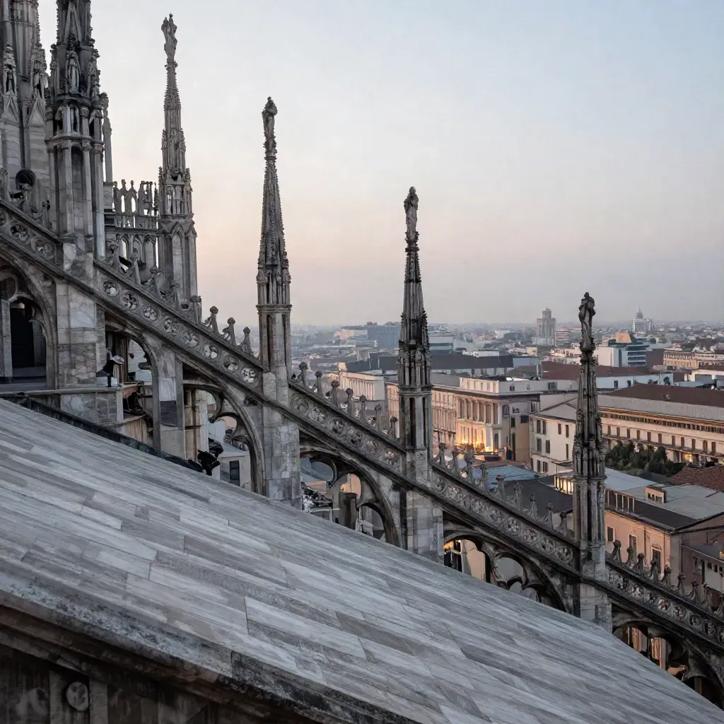 Tetti del Duomo di Milano al blue hour, skyline sfumato e pietra calma