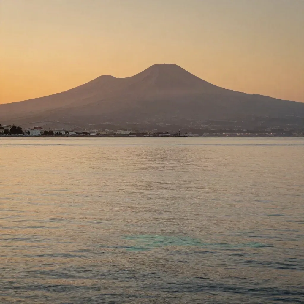 Il Vesuvio sul Golfo di Napoli al tramonto, con foschia marina e cielo ambrato.